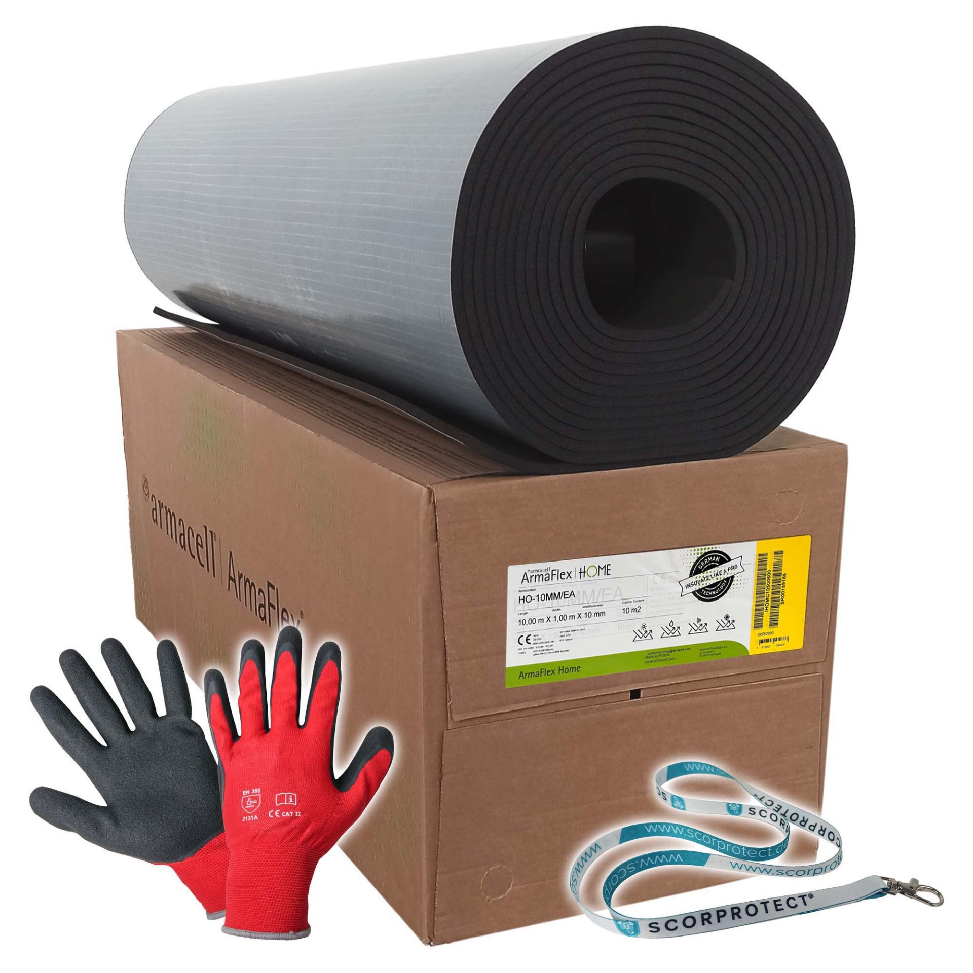 10 mm Armacell ArmaFlex HOME Kautschuk Platte selbstklebend + rote Handschuhe CAT 2 + Scorprotect® Schlüsselband