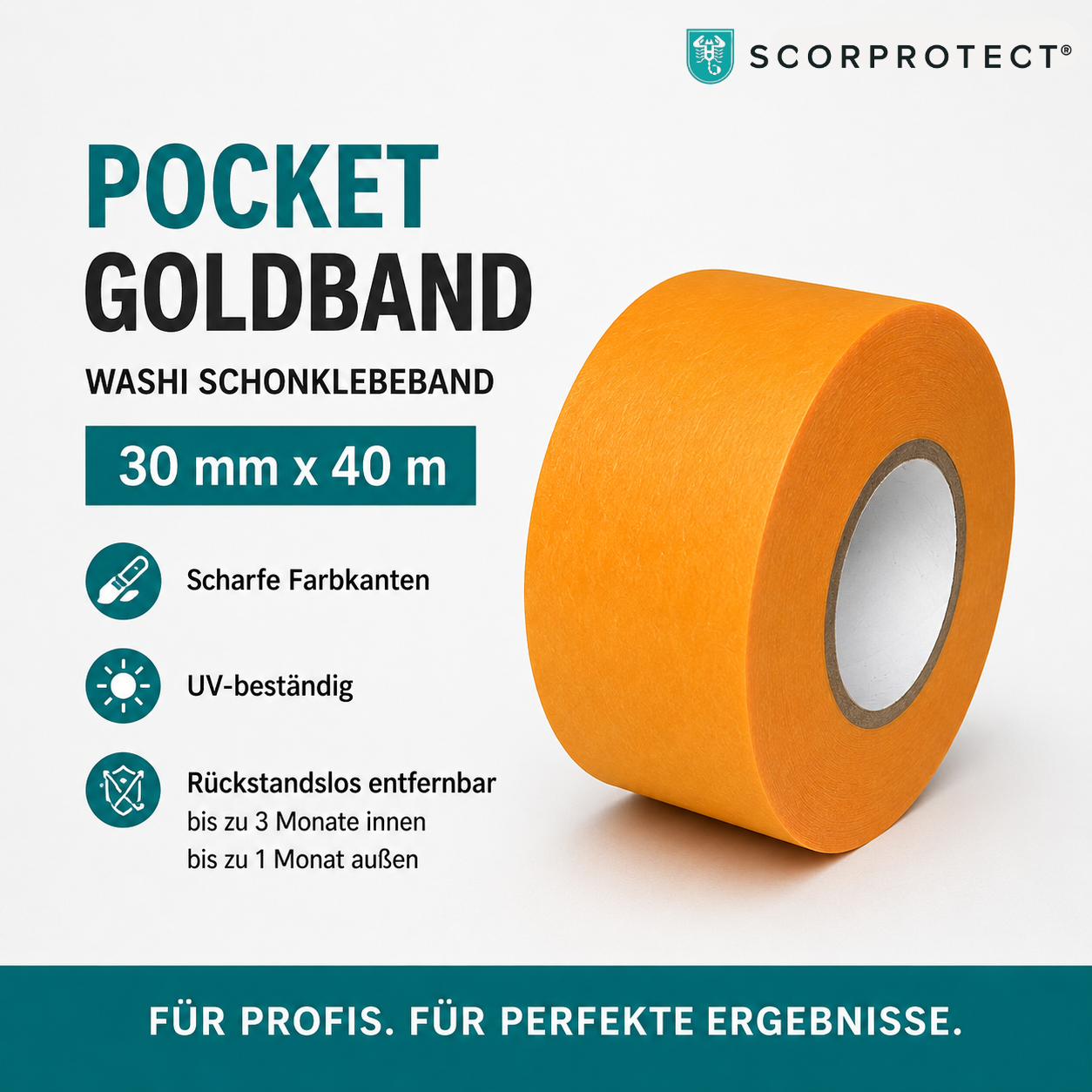 Scorprotect® Pocket Goldband Washi Schonklebeband 30 mm x 40 m Für Scharfe Farbkanten