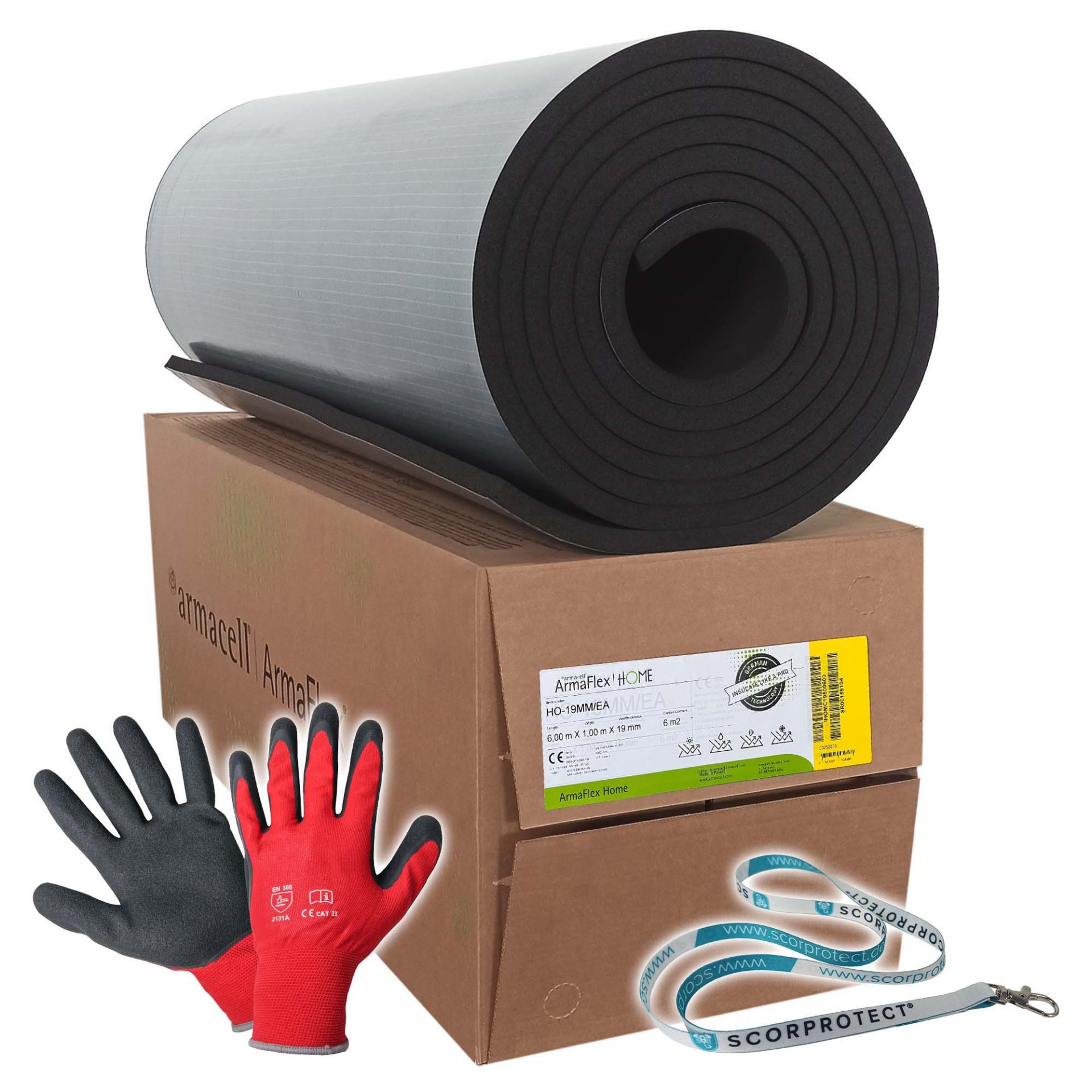 Armaflex Home Kautschuk Platten selbstklebend + rote Handschuhe CAT 2 + Scorprotect® Schlüsselband
