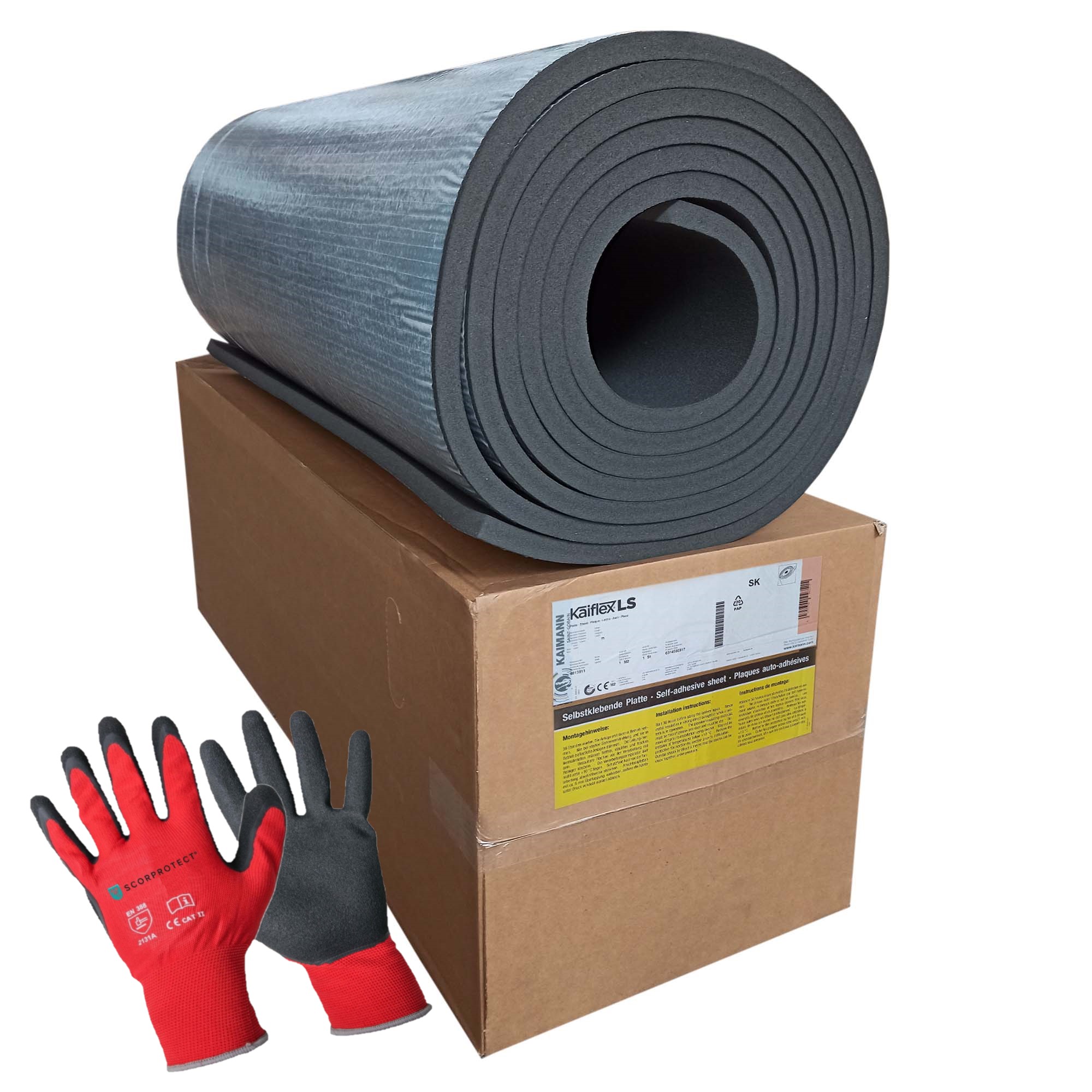 Kaiflex LS Kautschuk Platte S2 selbstklebend 13 mm, 19 mm, 25 mm + rote Handschuhe CAT2