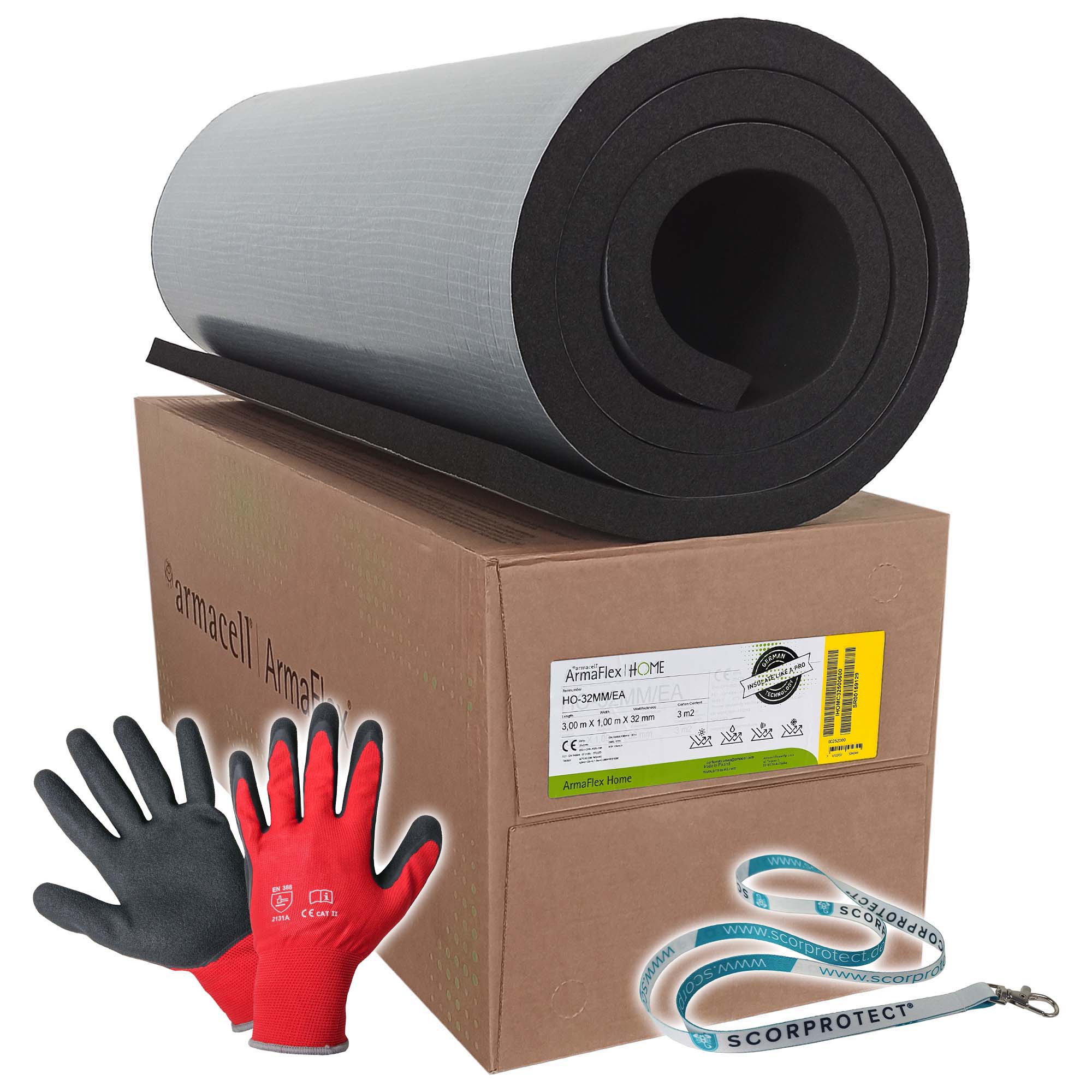 32 mm Armacell ArmaFlex HOME Kautschuk Platte selbstklebend + rote Handschuhe CAT 2 + Scorprotect® Schlüsselband 32 mm Armacell ArmaFlex HOME Kautschuk Platte selbstklebend + rote Handschuhe CAT 2 + Scorprotect® Schlüsselband
