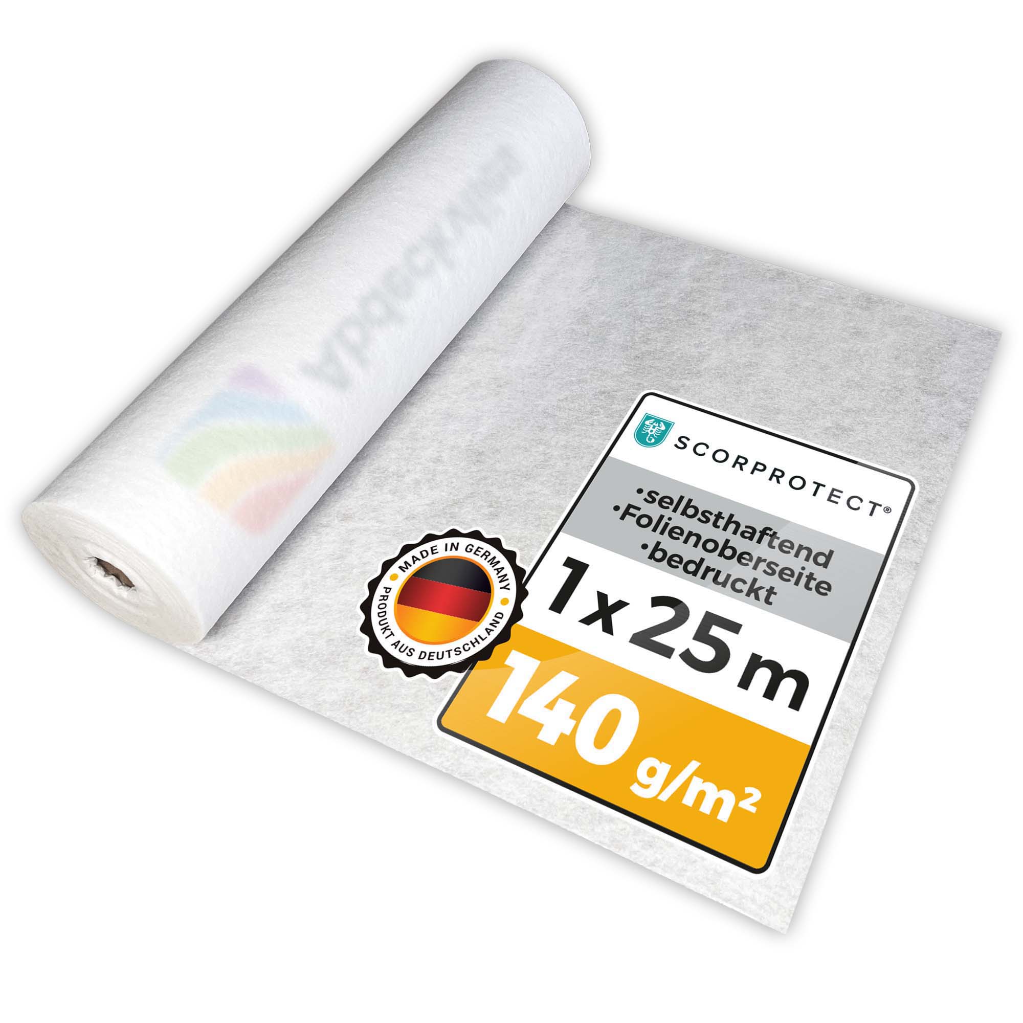 Scorprotect® Boden- und Treppenschutzvlies selbsthaftend mit Logo 1 m x 25 m 140 g/m²