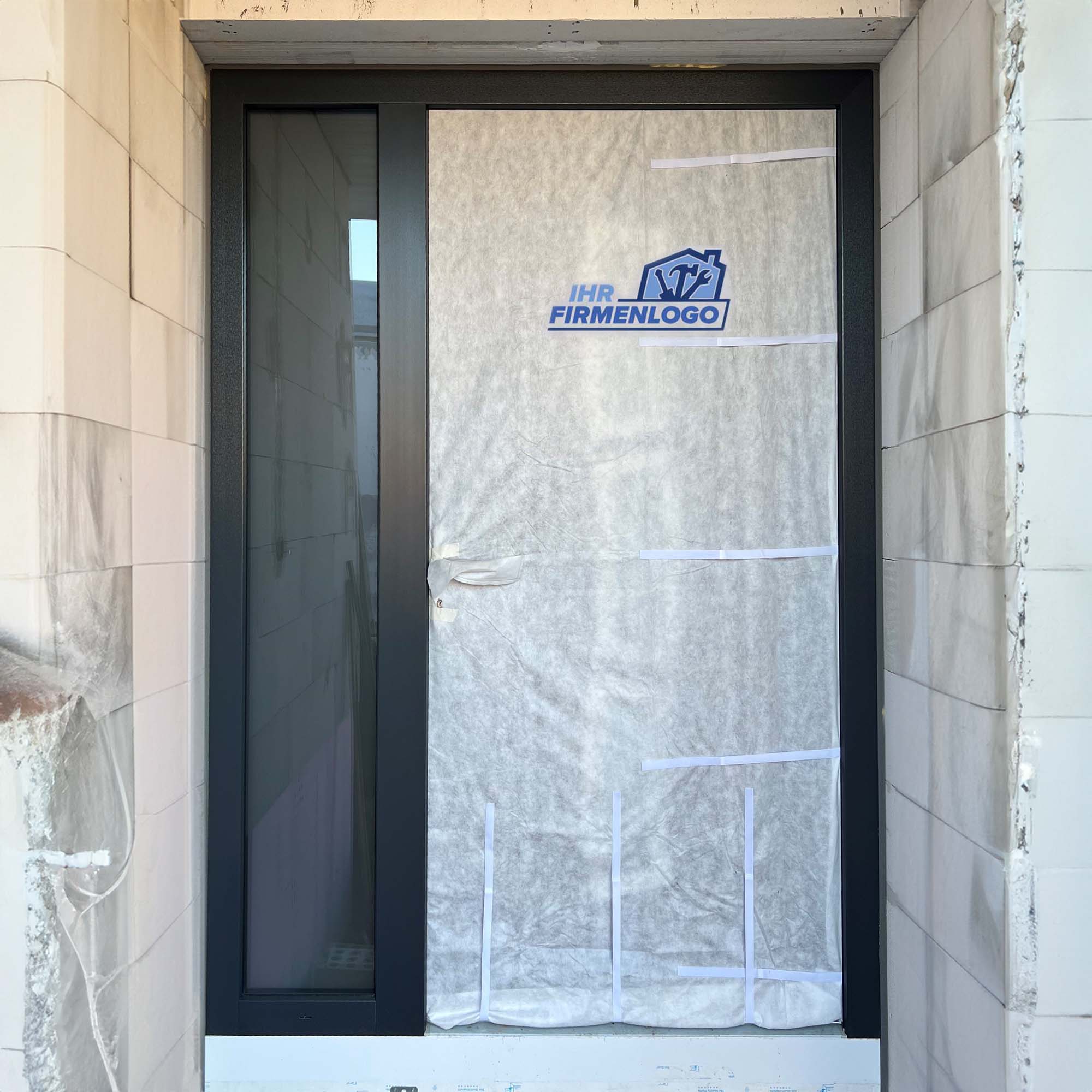 Abdeckschutzhaube für Haustüren 240 cm x 120 cm aus Vlies und Ihrem Firmenlogo