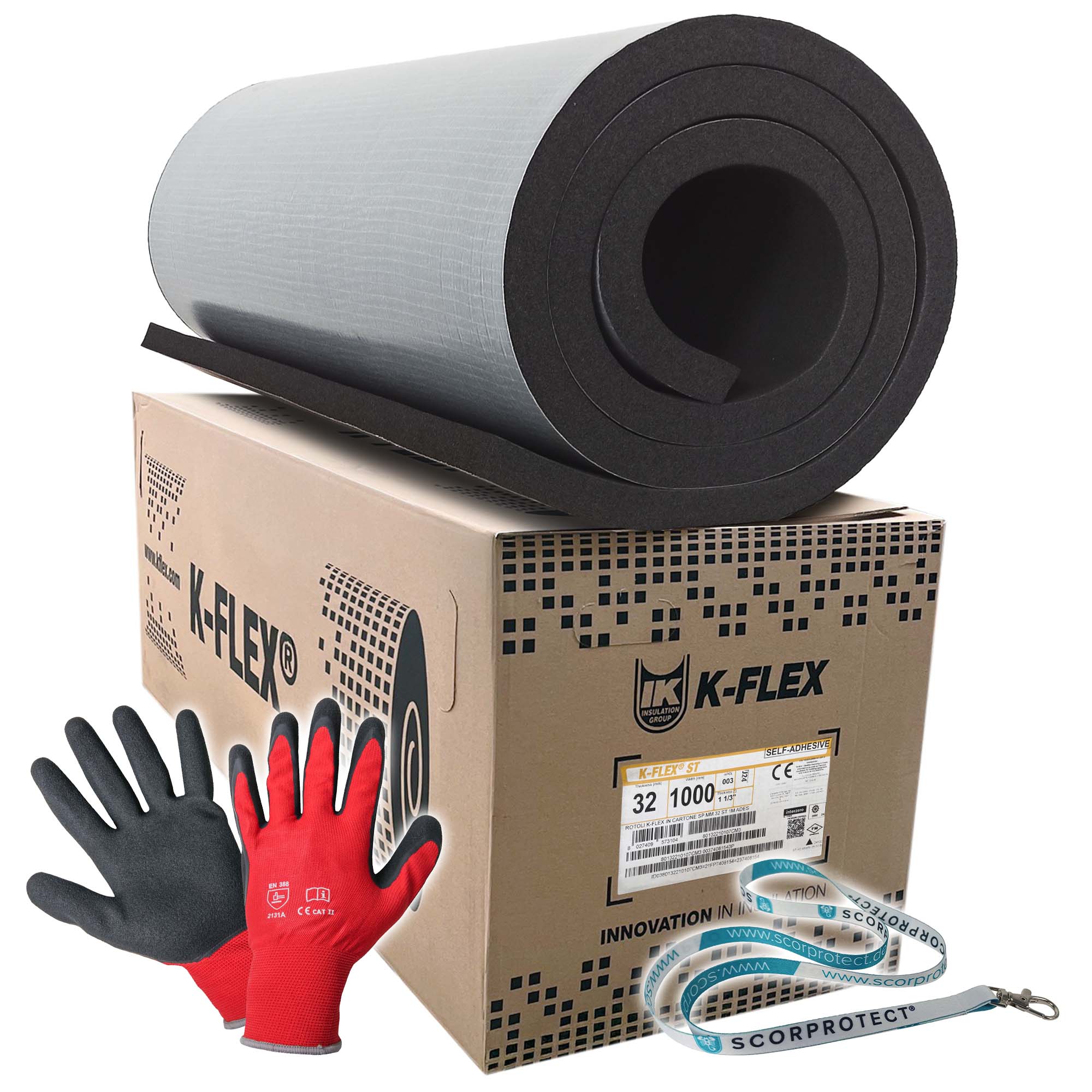 32 mm K-Flex ST Kautschuk Platte selbstklebend + rote Handschuhe CAT 2 + Scorprotect® Schlüsselband