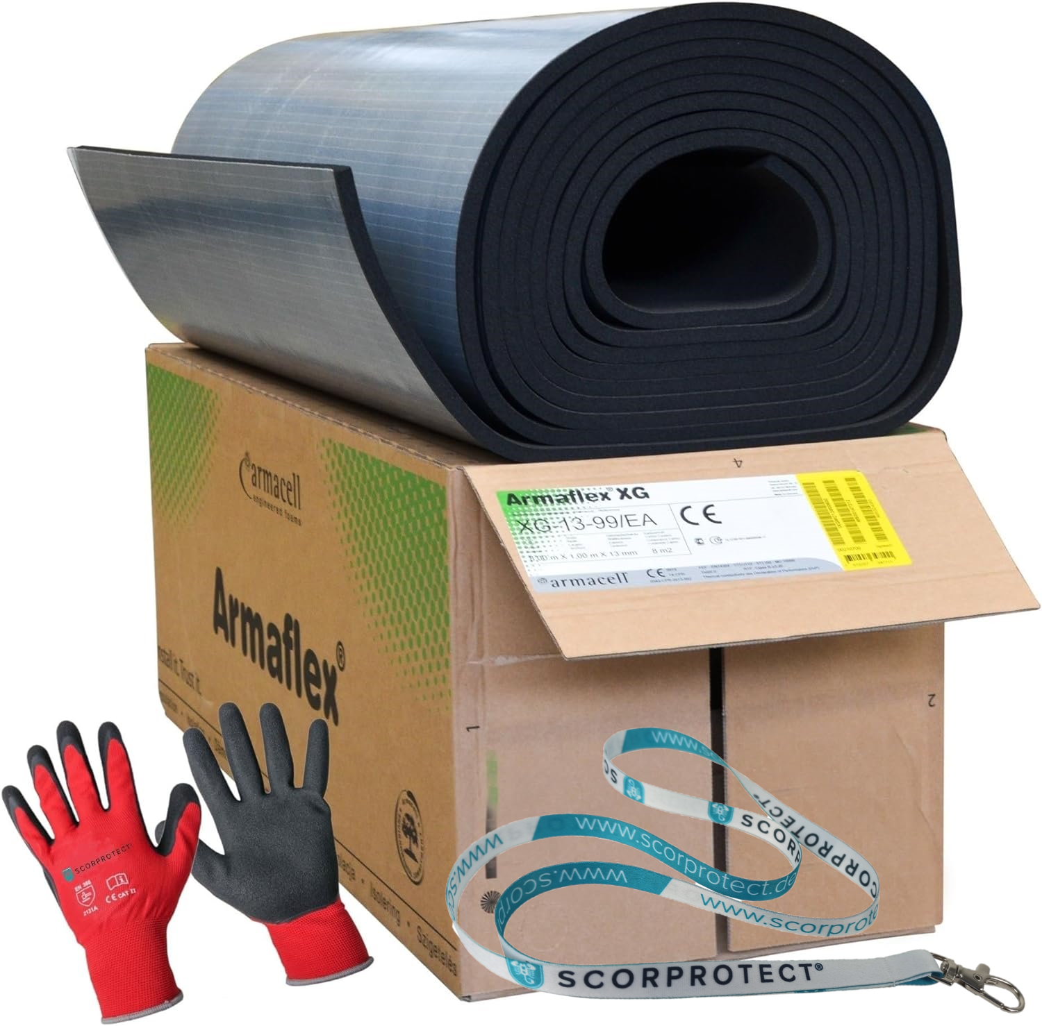 Armaflex XG Kautschuk Platten selbstklebend + Handschuhe + Scorprotect® Schlüsselband Armaflex XG Kautschuk Platten selbstklebend + Handschuhe + Scorprotect® Schlüsselband