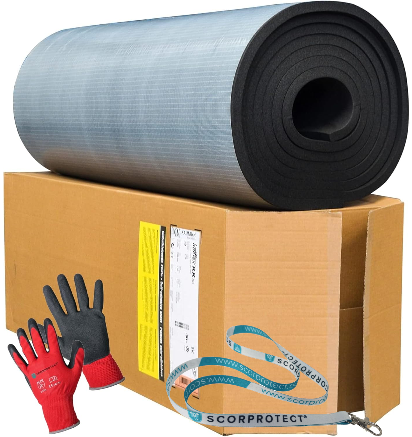 Kaimann Kaiflex® KK Kautschuk Platte selbstklebend 25 mm + rote Handschuhe CAT2 + Scorprotect® Schlüsselband Kaimann Kaiflex® KK Kautschuk Platte selbstklebend 25 mm + rote Handschuhe CAT2 + Scorprotect® Schlüsselband