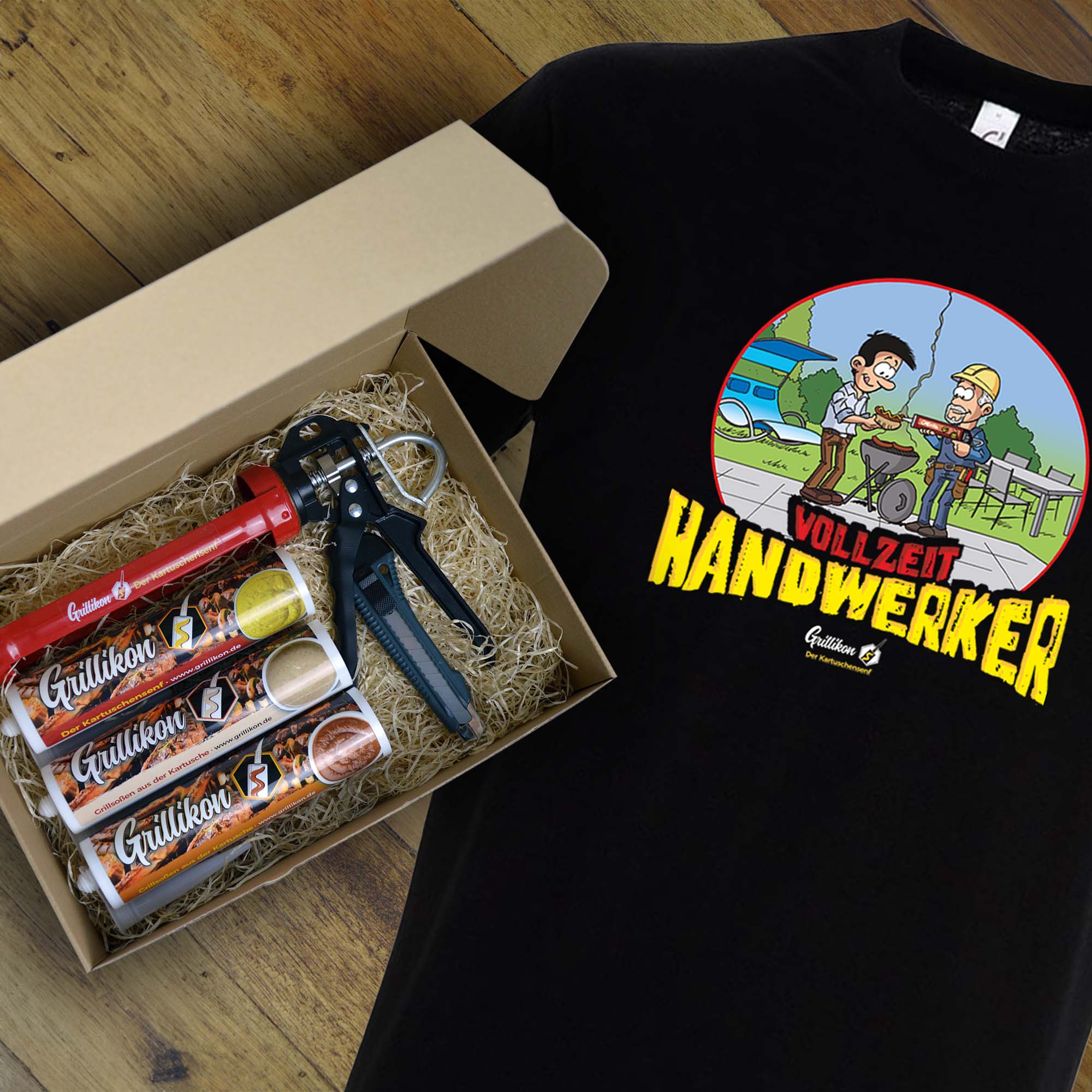 1MmxHGcHAPV7yg Grillikon Geschenkset „Geselle“ 3x Mix Kartuschensoßen in 300 ml Kartusche mit T-Shirt