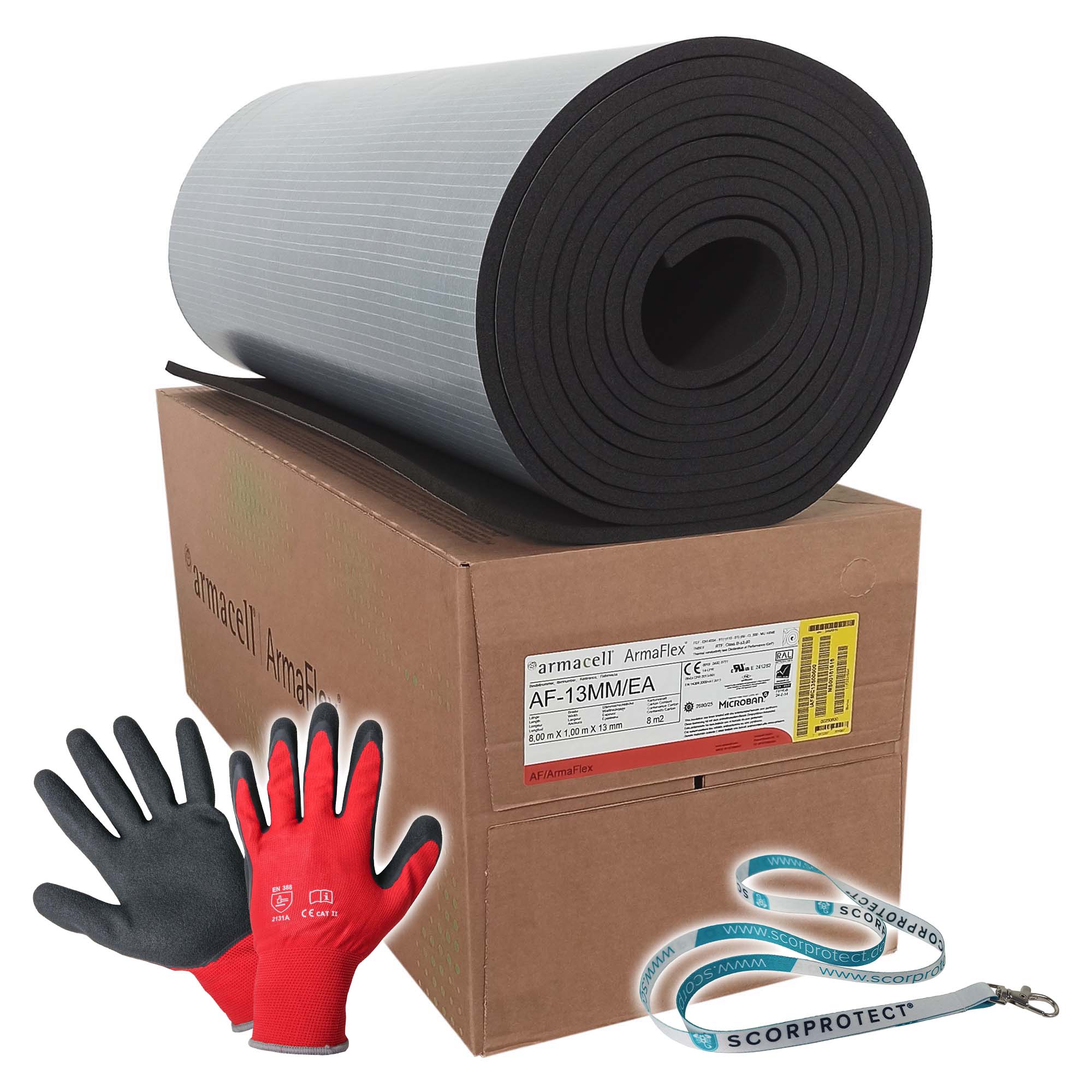 13 mm Armaflex Armacell AF Kautschuk Platten selbstklebend + Handschuhe + Scorprotect® Schlüsselband