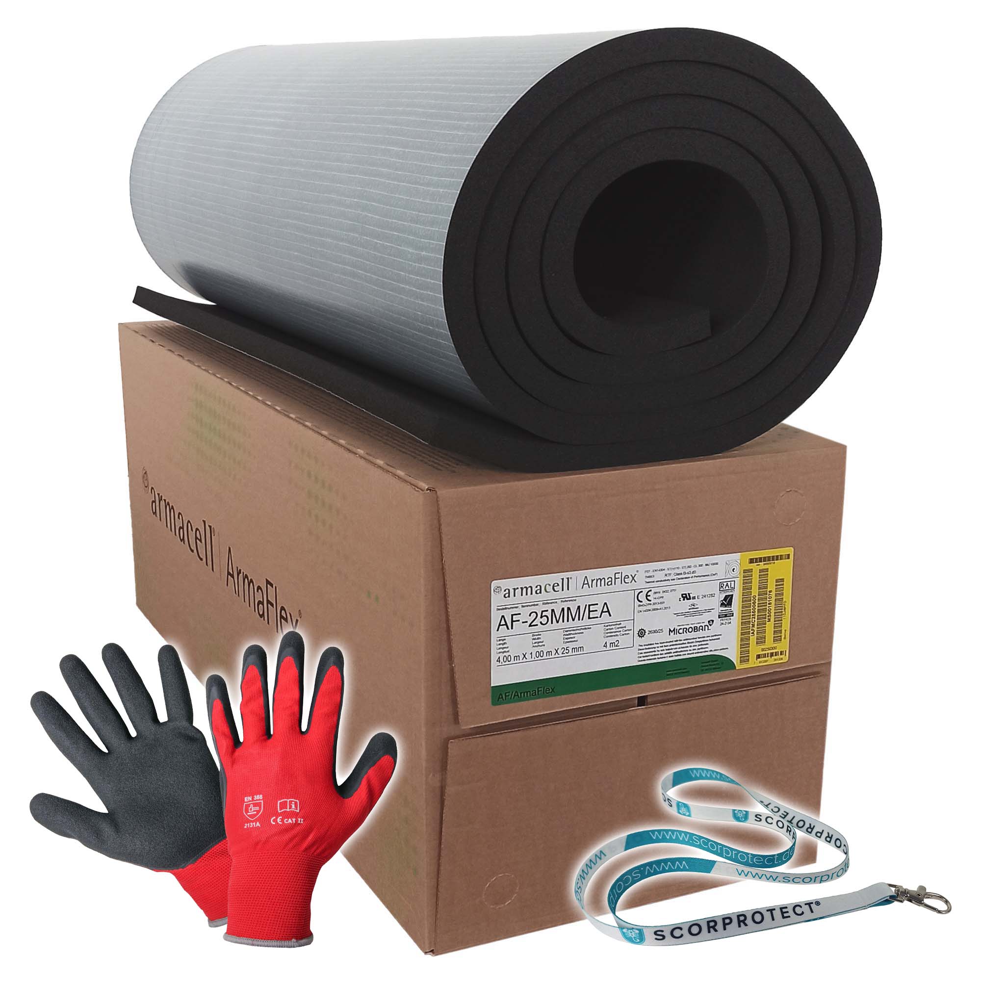 25 mm Armacell Armaflex AF Kautschuk Platten selbstklebend + rote Handschuhe CAT 2 + Scorprotect® Schlüsselband