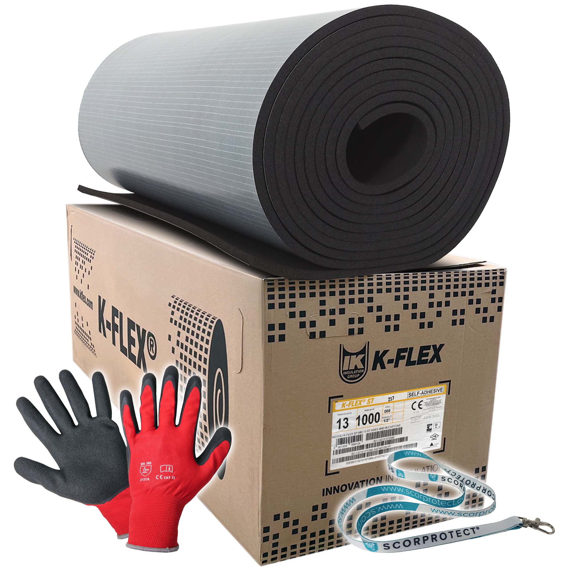 13 mm K-Flex ST Kautschuk Platte selbstklebend + rote Handschuhe CAT 2 + Scorprotect® Schlüsselband