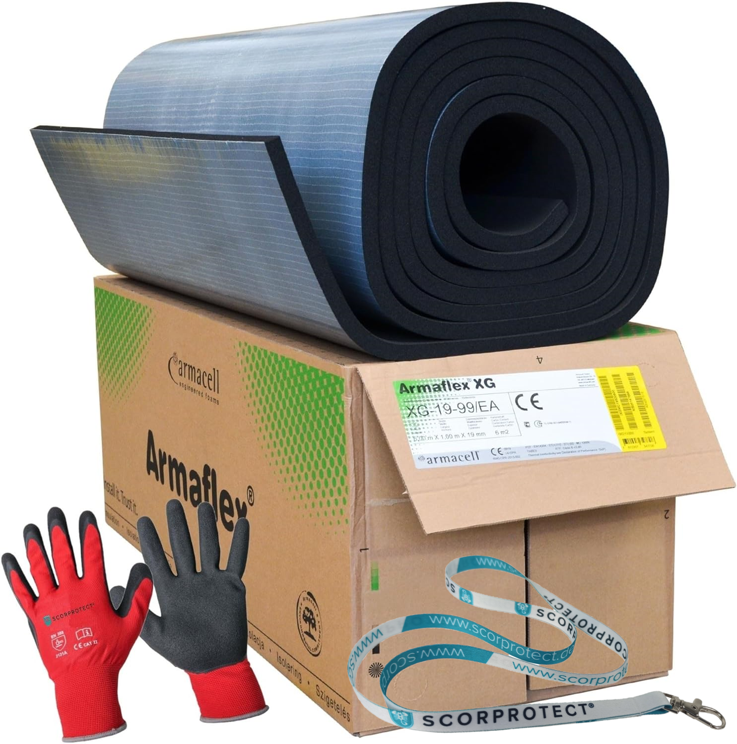 Armaflex XG Kautschuk Platten selbstklebend + rote Handschuhe CAT 2 + Scorprotect® Schlüsselband Armaflex XG Kautschuk Platten selbstklebend + rote Handschuhe CAT 2 + Scorprotect® Schlüsselband