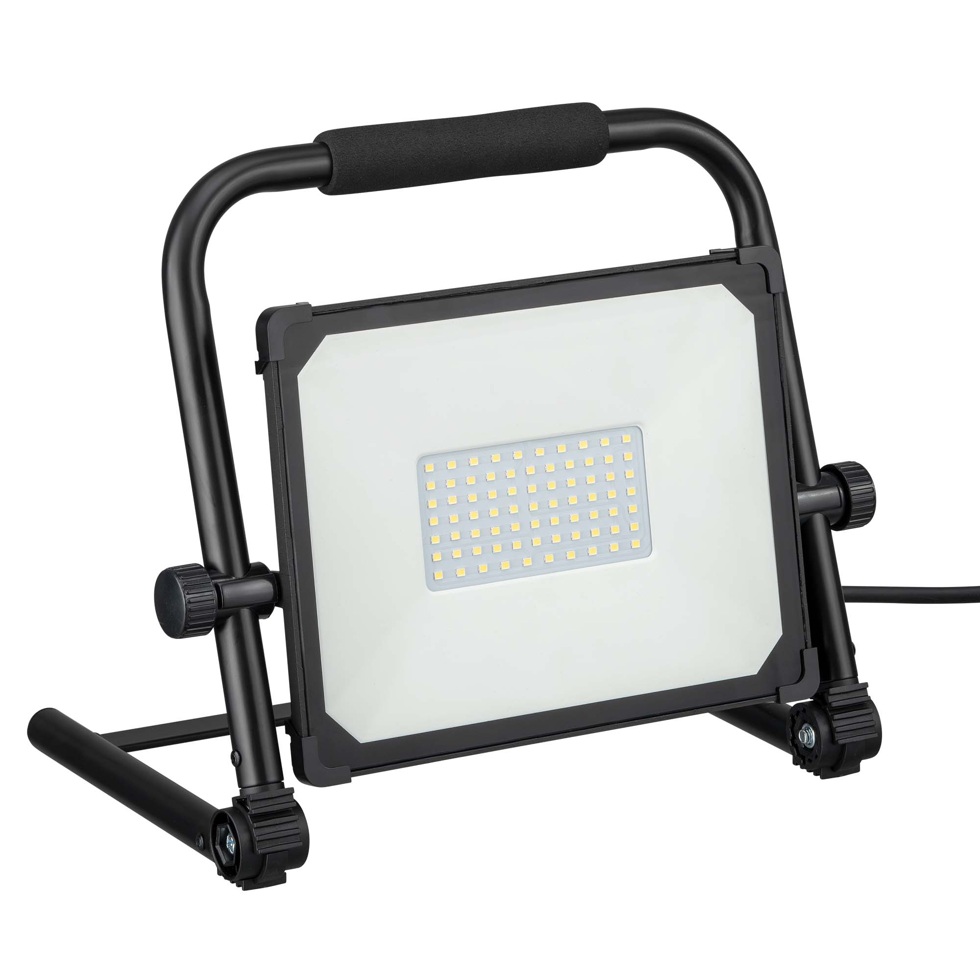 Mobiler schwarzer LED-Arbeitsstrahler mit verstellbarem Standgestell, Tragegriff und rechteckigem Lichtpanel