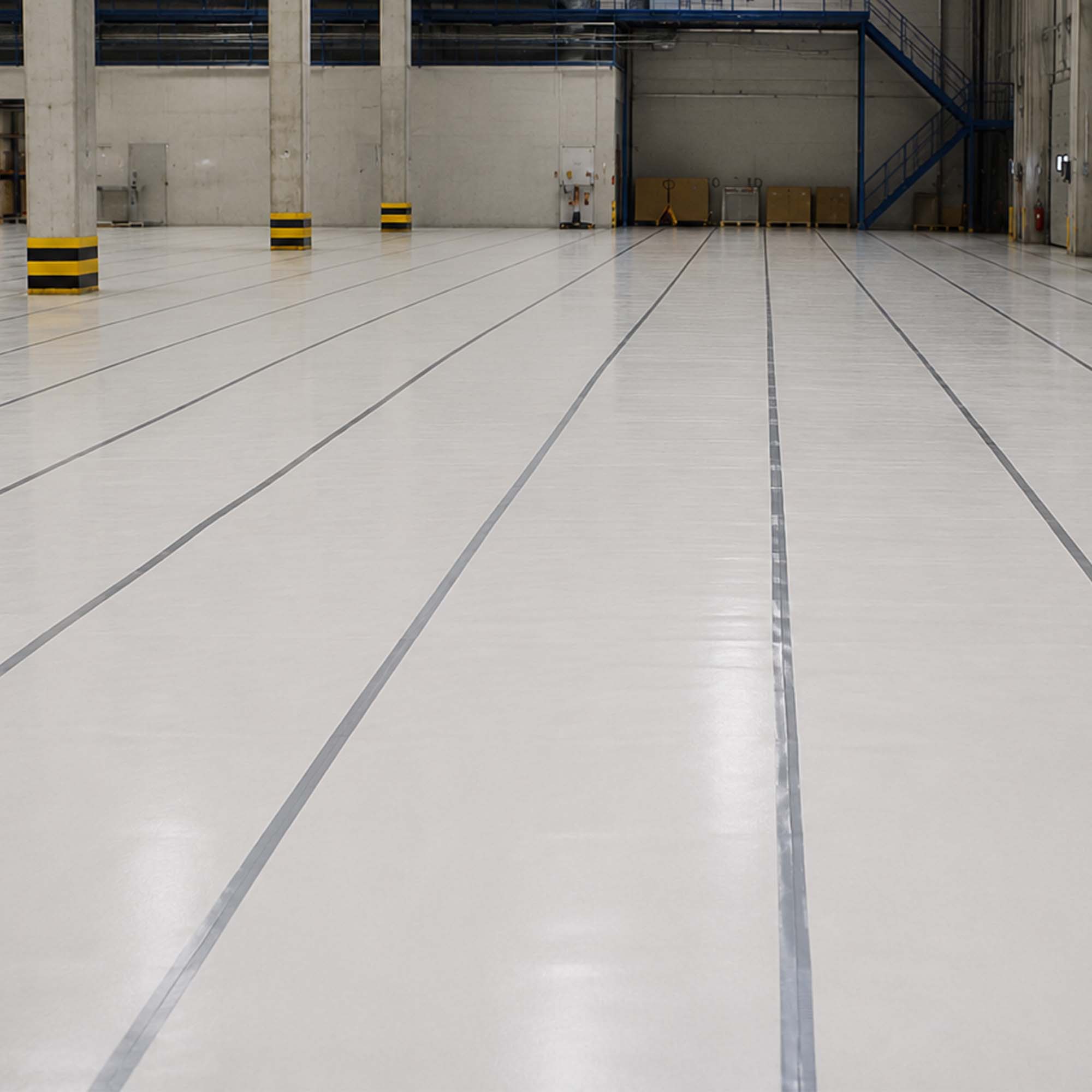 Weiße Zero Dust Milchtütenpapier Abdeckpappe, beidseitig PE-beschichtet, als robuster Bodenschutz auf einer großen Hallenfläche verlegt, wasserabweisend und ideal für Bau, Renovierung und Sanierung.