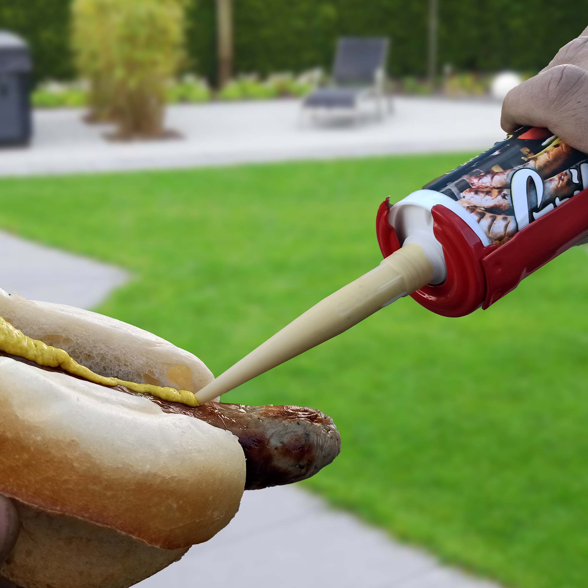 Grillikon Geschenkset „WM-Edition“ mit mittelscharfem Senf in 300 ml Kartusche: Senf wird per Kartuschenpistole auf eine Bratwurst im Brötchen dosiert.