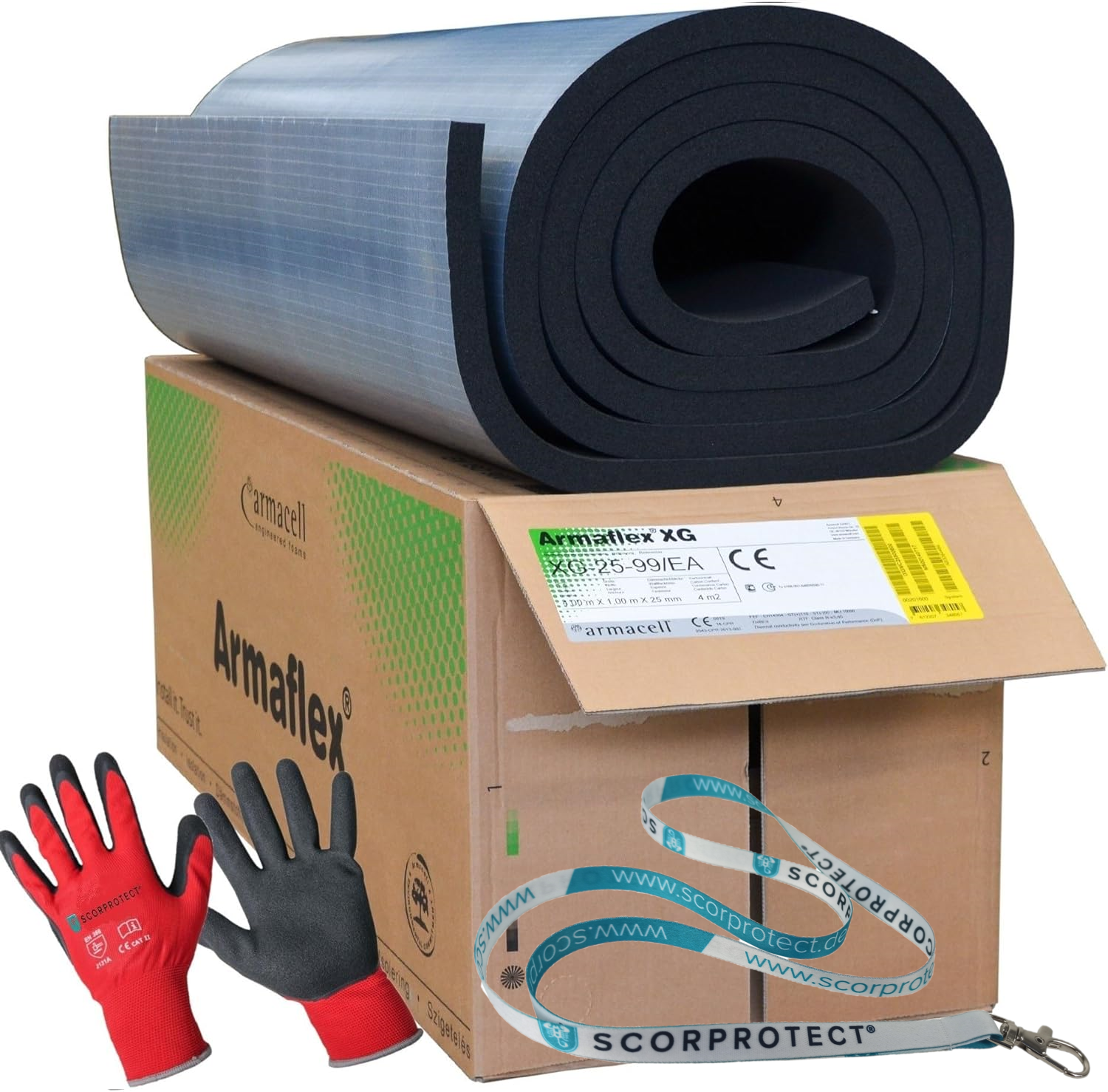 Armaflex XG Kautschuk Platten selbstklebend + rote Handschuhe CAT 2 + Scorprotect® Schlüsselband Armaflex XG Kautschuk Platten selbstklebend + rote Handschuhe CAT 2 + Scorprotect® Schlüsselband