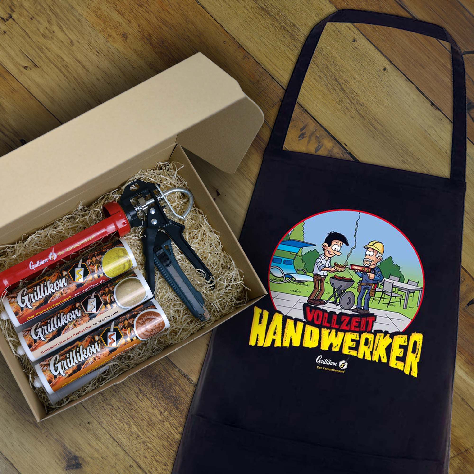 1OKO6KEVwlkq10 Grillikon Geschenkset „Meister“ 3x Mix Kartuschensoßen in 300 ml Kartusche mit Grillschürze