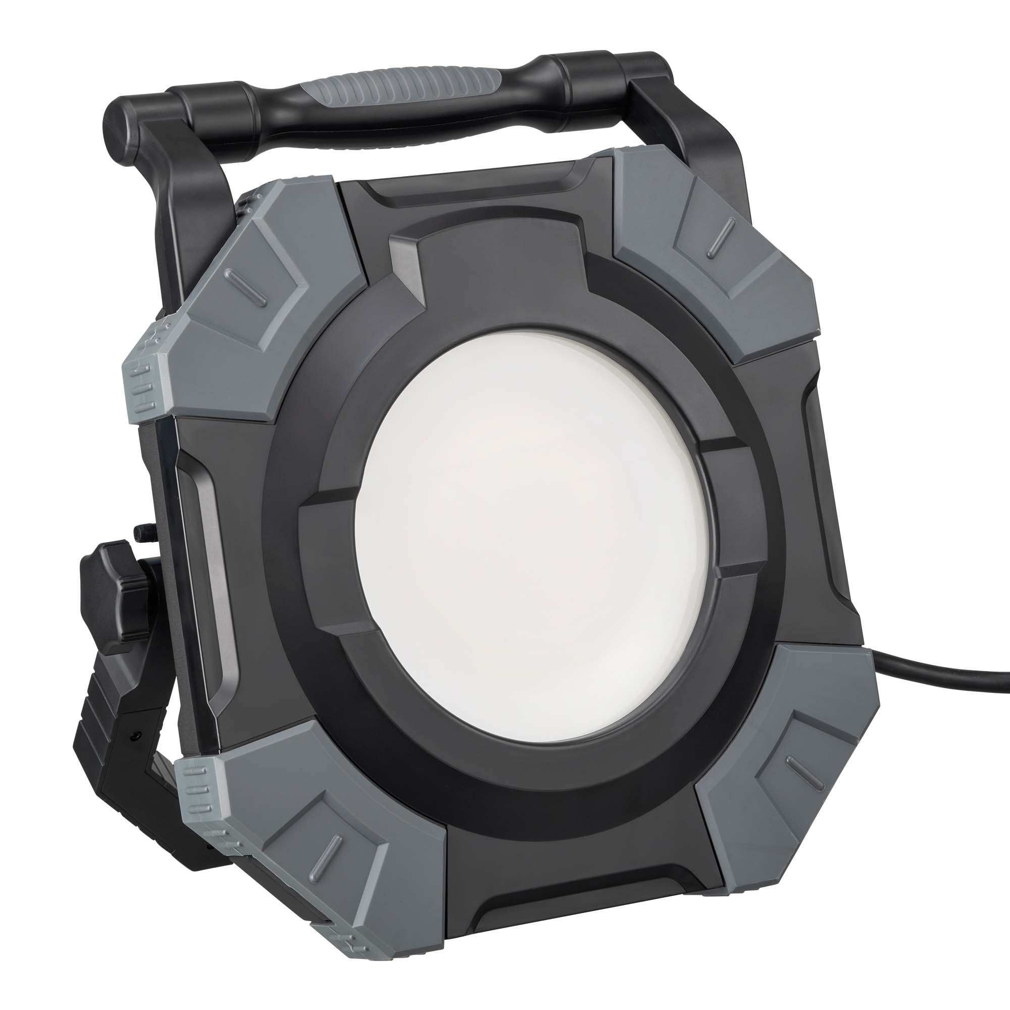 Runde LED-Arbeitsleuchte in Schwarz-Grau mit Tragegriff, Standfuß und Netzkabel, ideal als Baustrahler für Werkstatt und Baustelle