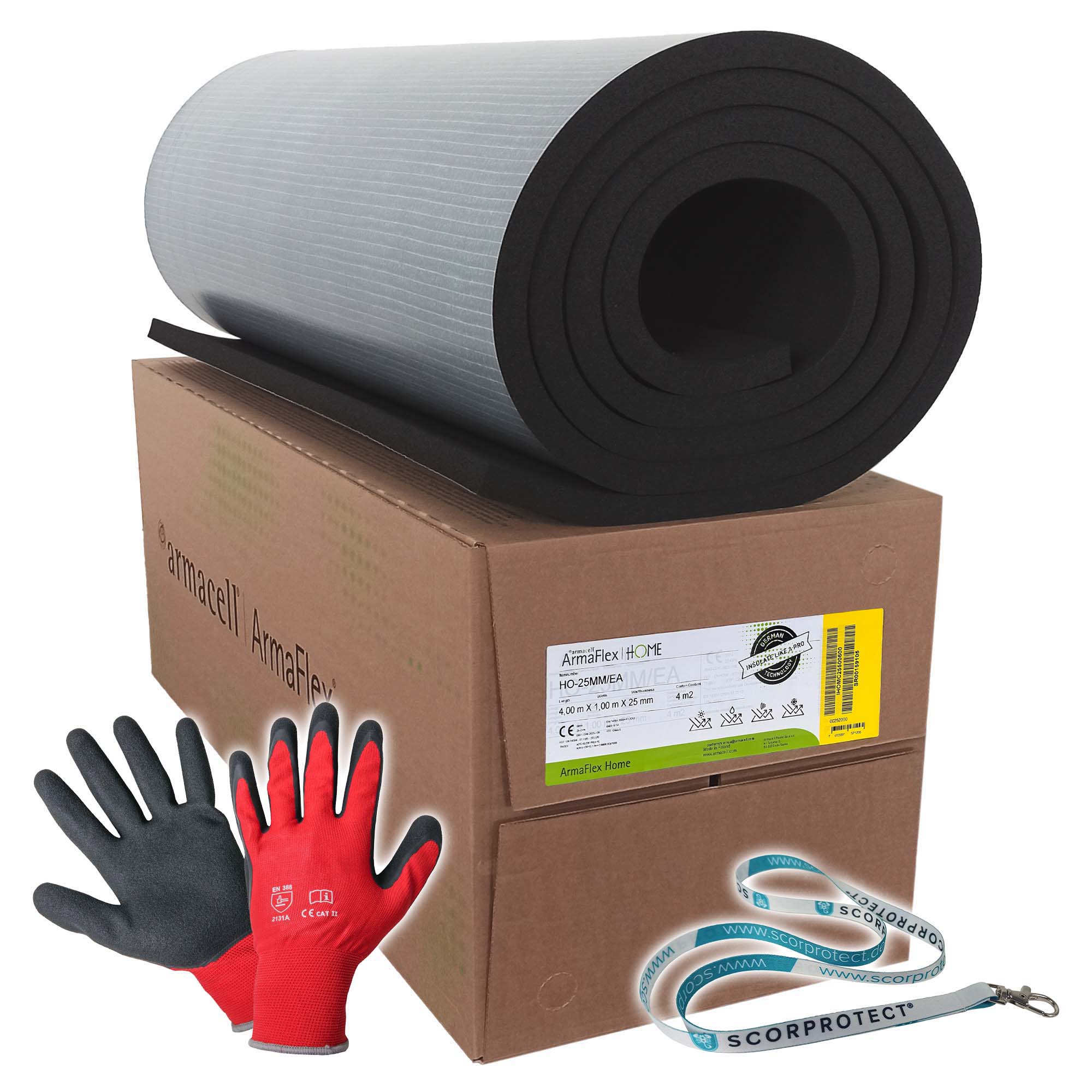 25 mm Armacell ArmaFlex HOME Kautschuk Platte selbstklebend + rote Handschuhe CAT 2 + Scorprotect® Schlüsselband